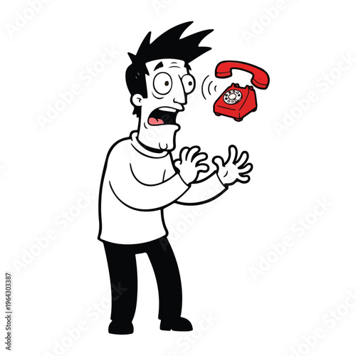 Man surprised by ringing old fashioned red telephone hovering in air