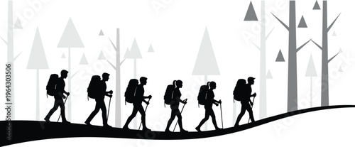 Black silhouette of group of hikers with backpacks and trekking poles walking through forest trees for outdoor adventure and travel