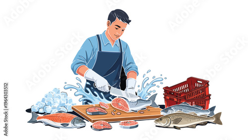 Artisan's Catch: A skilled individual meticulously prepares fresh seafood, expertly filleting a fish on a wooden cutting board, surrounded by an array of various fresh fish ready for culinary use.