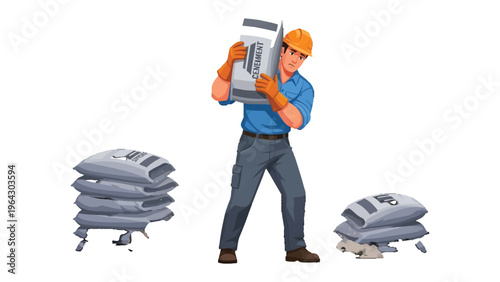Construction Worker Carrying Bag: A construction worker is depicted carrying a heavy bag, symbolizing labor and construction. He is dressed in a hard hat and protective gear.