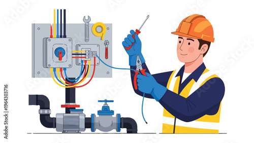 Electrical Technician in Action: An electrician meticulously works on an electrical panel, ensuring safe and efficient power distribution, highlighting expertise and precision in the trade.