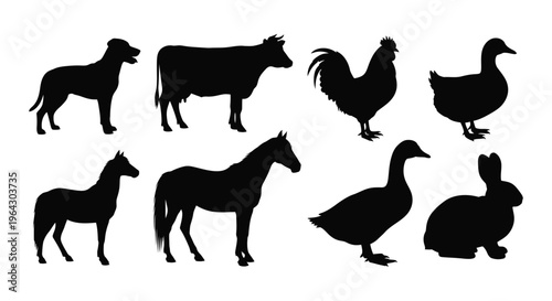Collection of diverse black silhouettes of common farm and domestic animals 