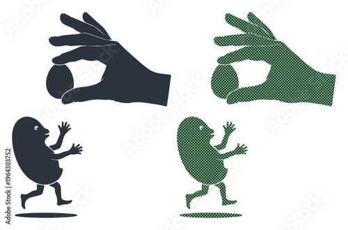 Playful character running towards a hand holding an egg, symbolizing a whimsical pursuit or discovery.