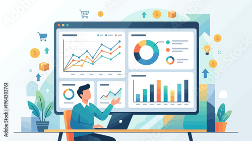 Business Data Analysis Dashboard Illustration with Professional Analyst Tracking E-commerce Sales and Financial Metrics