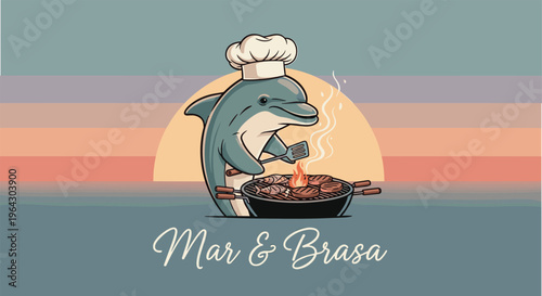 Cartoon dolphin chef wearing white hat grilling fish and meat on a barbecue with sunset beach background for restaurant logo