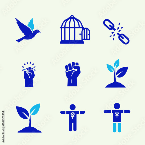 A conceptual digital icon set symbolizing freedom, independence, human rights, gender equality, and personal growth for modern applications