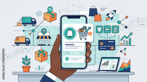 E-commerce and Mobile Shopping Concept Illustration with Logistics, Online Payment, and Digital Marketing Icons