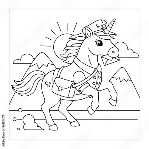 Unicorn postman cartoon coloring page delivering letter in scenic mountain road