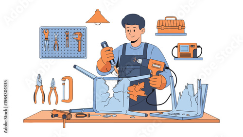 Handywork Hero at Workbench: A skilled individual skillfully repairs broken furniture in workshop, surrounded by a comprehensive array of tools, representing the art of restoration. 