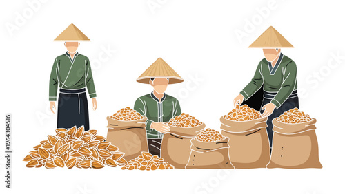 Harvest Harmony: Farmers, adorned in traditional hats, work together, gathering and packing a bountiful harvest of golden grains, showcasing the spirit of labor and cooperation.