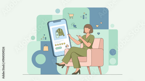 Flat Illustration of a Woman Shopping Online via Mobile App Interface with Product Reviews and Ratings