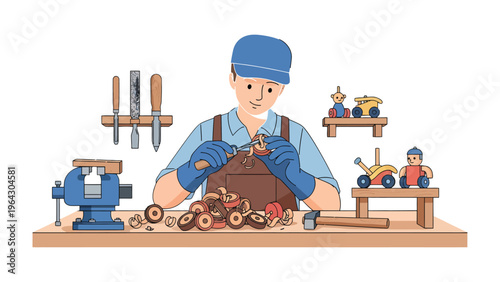 Crafting Toys with Dedication: An artisan meticulously carves intricate details into wooden toys in a vibrant workshop. A testament to creativity, and the joy of traditional craftsmanship.