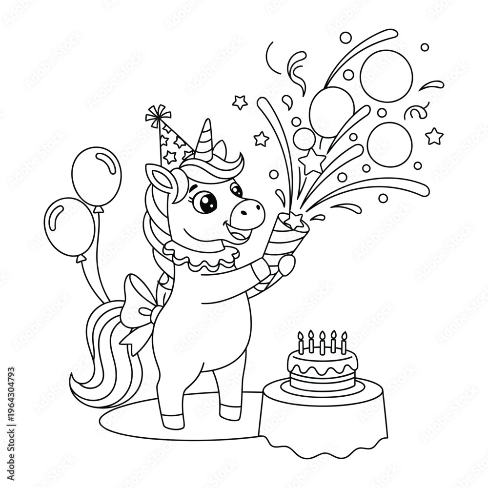 Fototapeta premium Unicorn celebrating birthday with party popper cake and balloons in cartoon style