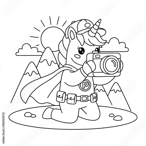Unicorn photographer capturing mountain landscape with camera in cartoon style