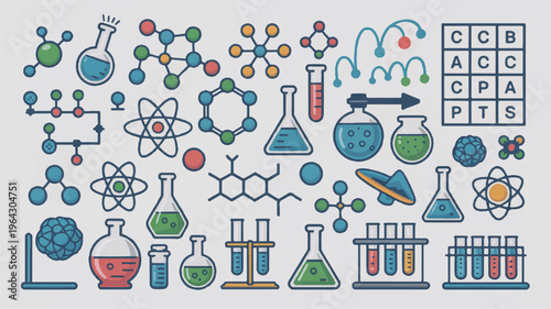 Science and chemistry icons: molecular structures, lab equipment, flasks, test tubes, periodic table, test tube