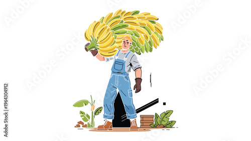 Farmer's Bounty: A strong farmer carries a large bundle of ripe bananas, a testament to nature's abundance and the labor of agriculture.