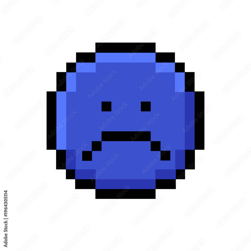 Obraz premium A retro pixel art sad face icon, rendered in vibrant blue, conveying feelings of melancholy and digital disappointment in a simplified, nostalgic style