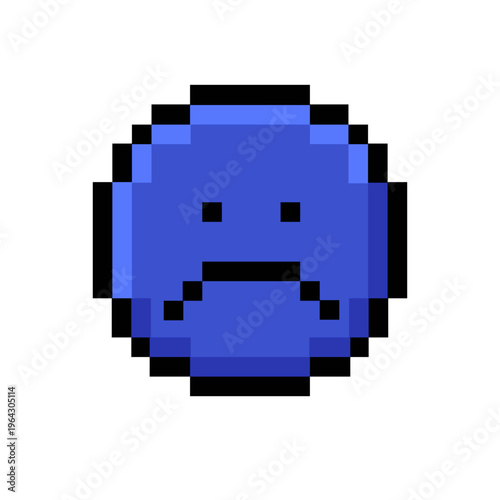 A retro pixel art sad face icon, rendered in vibrant blue, conveying feelings of melancholy and digital disappointment in a simplified, nostalgic style