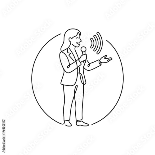 Line art illustration of a woman speaking into a microphone.