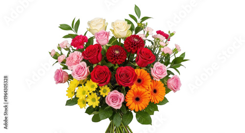 Vibrant bouquet of roses and mixed flowers isolated on transparent background