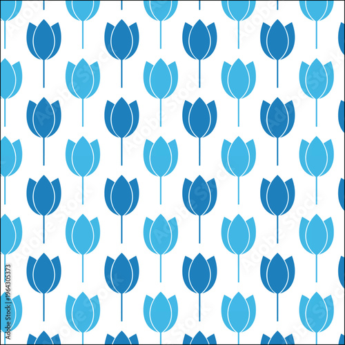 Minimalist silhouette of a blue tulip on a white background in the style of Dutch folklore, seamless pattern.