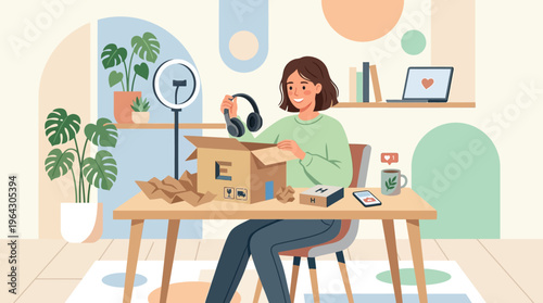 Woman Influencer Unboxing New Headphones for Social Media Product Review Video Illustration