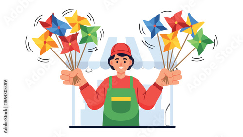 Joyful Vendor: A smiling vendor, arms outstretched, presents a vibrant array of colorful pinwheels, embodying the simple joy and charm of childhood whimsy. 