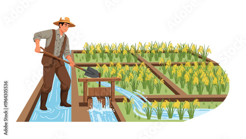 Farmer tending irrigation of rice field: An illustration of a farmer using an irrigation system to cultivate a thriving rice field, showcasing traditional farming practices and agricultural ingenuity.