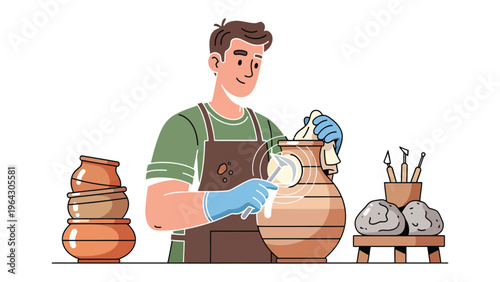 Pottery Craftsmanship: An artisan meticulously tends to a pottery creation, embodying the art of shaping clay.