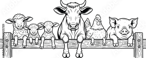 Cute Farm Animals Collection Featuring Cow Pig Sheep and Chicken Peeking Over Wooden Fence in Hand Drawn Black Line Art Style