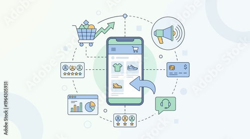 E-commerce and Mobile Shopping Ecosystem Concept Illustration with Marketing, Sales, Payments, and Analytics Icons