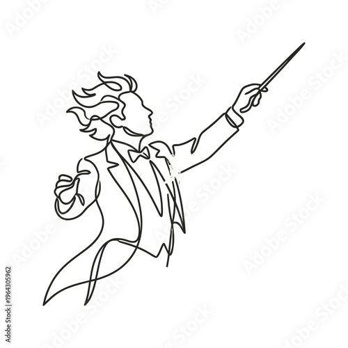 Elegant conductor leading an orchestra with a baton in a continuous line art style.