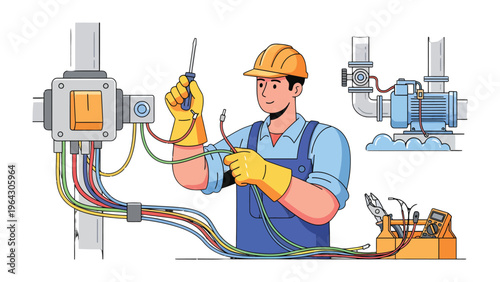 The Electrician at Work: A skilled electrician at work, expertly troubleshooting and repairing electrical systems, highlighting the importance of electrical safety and maintenance.