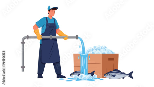 Fish Processing Plant: A worker in a commercial plant carefully handles fresh fish, guiding the water flow for efficient processing