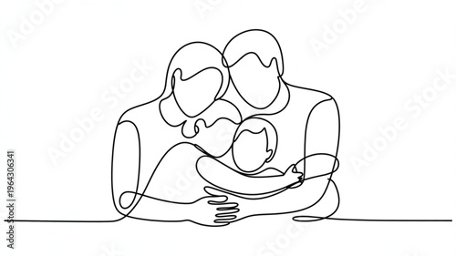Continuous line drawing of a family embracing parents and child in a single stroke representing love and unity isolated on white background