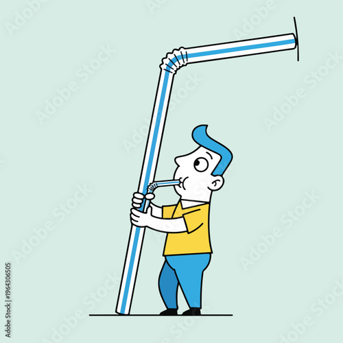 Man drinking from a long flexible straw tube