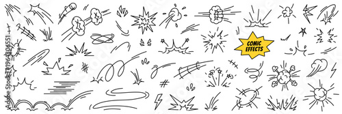 Comic superhero effects. Doodles of action lines, speed, impact effects, emotional and explosion elements. Hand drawn icon set in cartoon style. Vector illustration isolated on a white background
