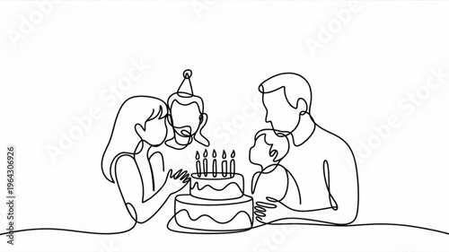 Continuous line drawing of a family celebrating a birthday with a cake and candles concept for joy and togetherness isolated on white background