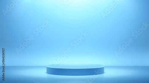 A minimalist blue 3D rendered cylinder podium or stage set against a softly lit, gradient blue background with a gentle spotlight effect