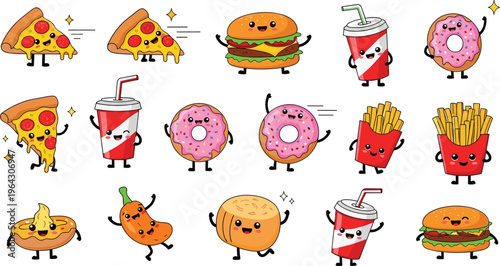 Cute fast food cartoon characters set with pizza burger fries donut and soda playful vector illustration isolated on white background