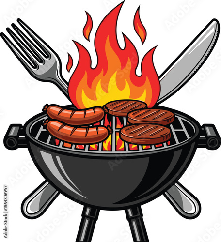 Grilling Barbecue Vector Illustration with Flaming Charcoal Grill Sausages Beef Patties and Crossed Fork and Knife Utensils for Summer Cookout