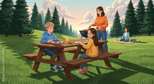 Family having a picnic and barbecue in a pine forest meadow with children eating at a wooden table vector illustration