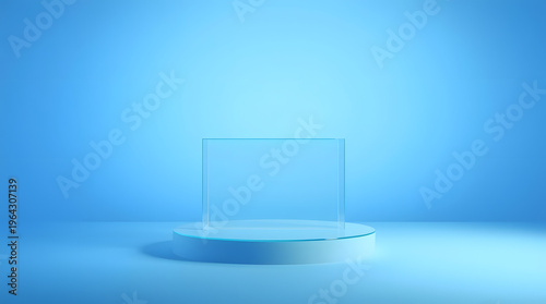 Sophisticated minimalist 3D product display with a pristine white pedestal and transparent glass case on a soft, ethereal blue background, ideal for elegant showcases