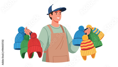 Hat Vendor Display: A cheerful vendor presents a vibrant array of knitted hats, showcasing a colorful assortment of styles and designs against an inviting backdrop.