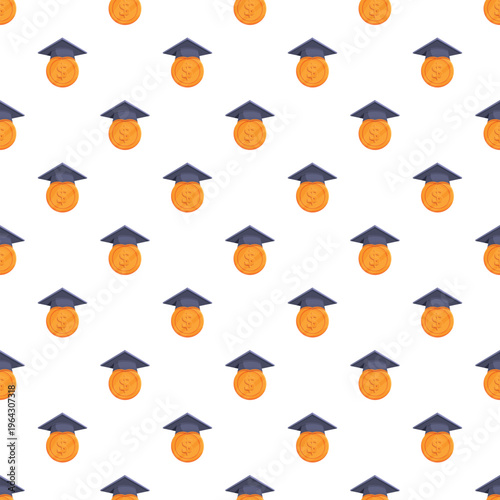 Golden dollar coins wearing graduation caps as a seamless pattern for education finance