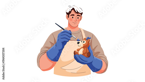 Artist's Touch: A dedicated artist brings a toy bear to life, meticulously painting its details with focused precision and artistic passion.