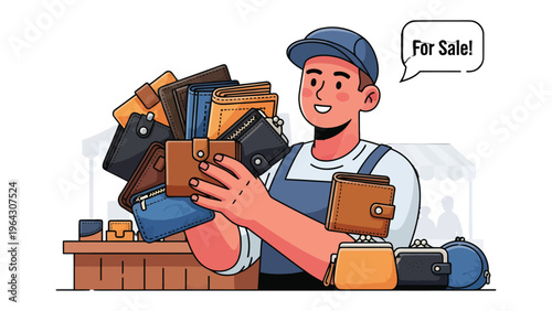 Wallet seller's Offering: A friendly vendor enthusiastically displays an array of wallets, beckoning potential customers with the promise of quality and choice, with a for sale speech bubble.