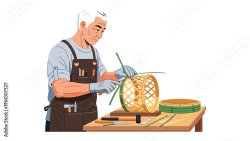 Craftsman at Work: A skilled artisan, engrossed in the meticulous craft of bamboo basket weaving. He embodies patience and precision.