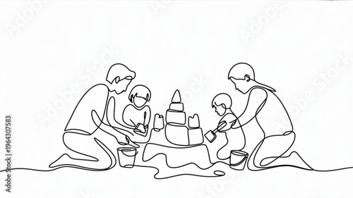 Family building sandcastle on beach continuous line drawing illustration for summer vacation and childhood concept isolated on white