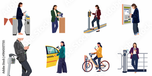 Vector illustration set of a modern woman using contactless technology for public transport, electric scooter rental, taxi, and banking services in a city.